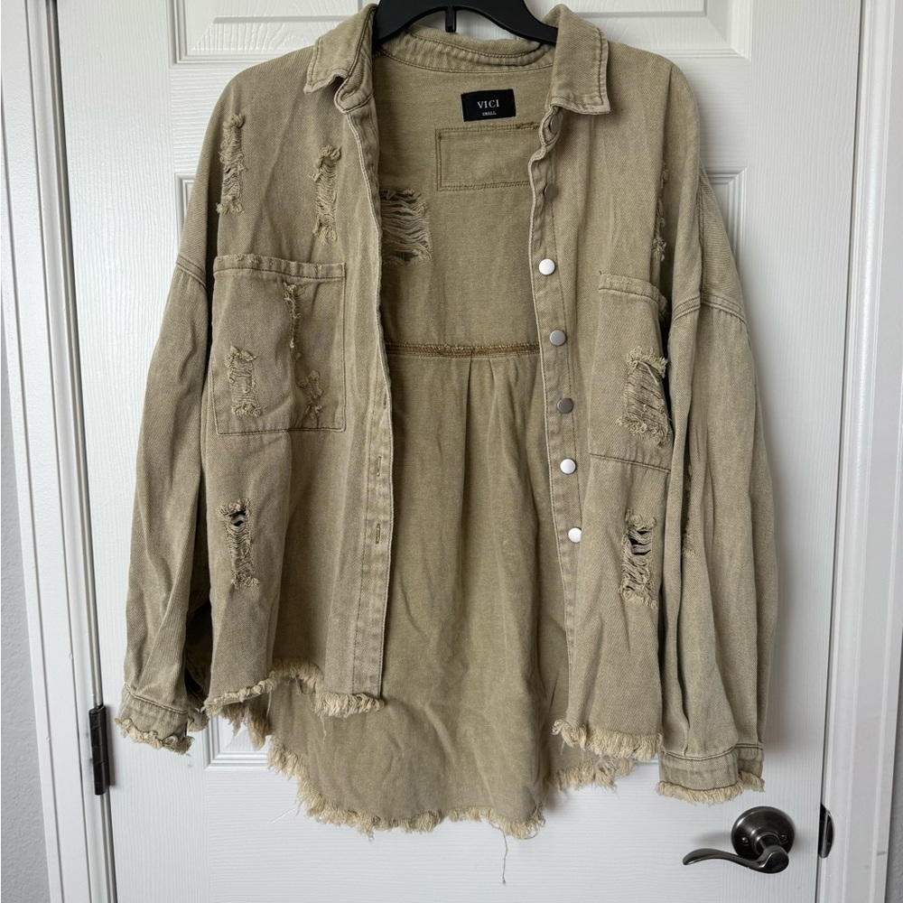 Vici Olive Distressed Jean Jacket